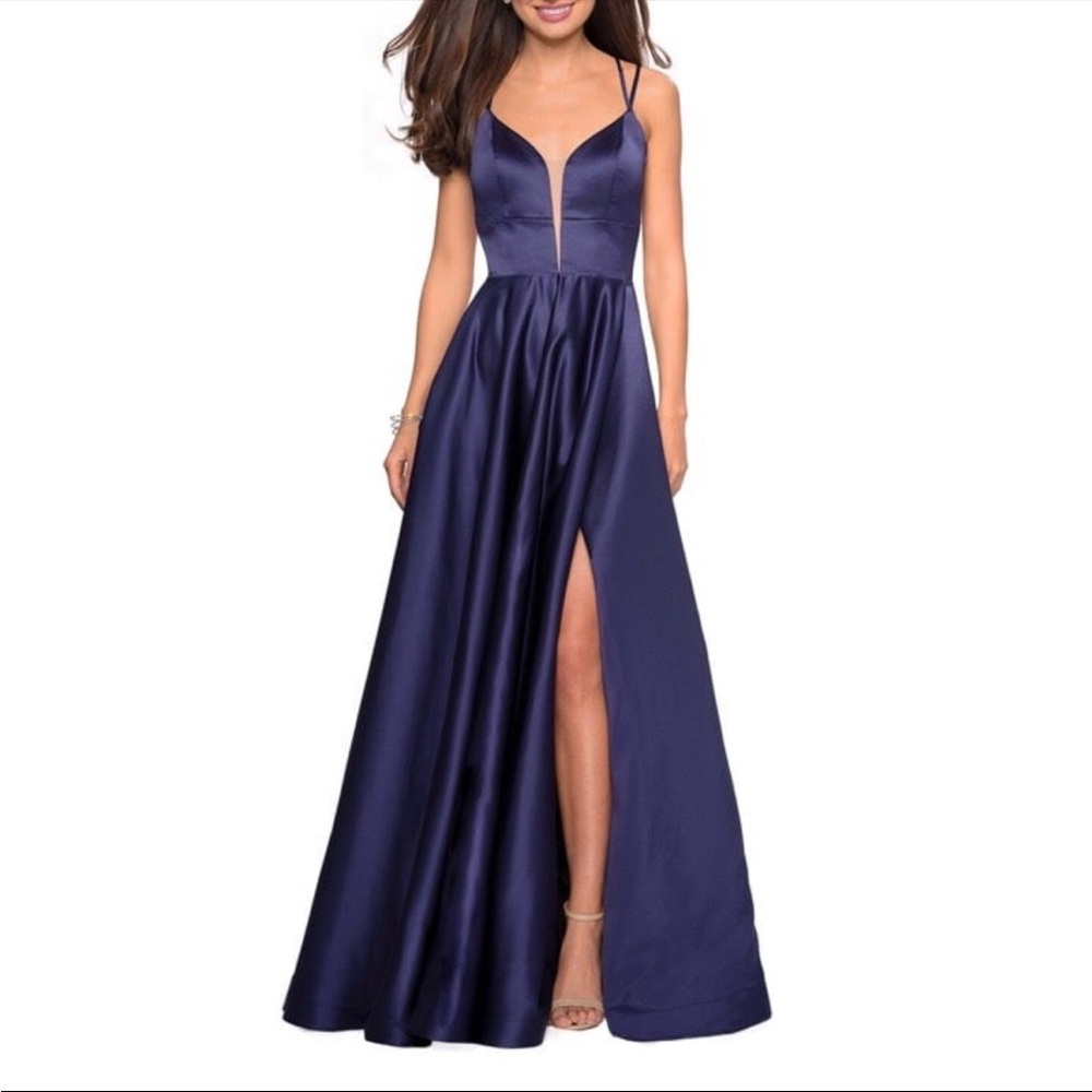La Femme 26994 Strappy Back Illusion V-Neck Satin Ballgown, 2